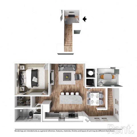 Plan A3 with furniture at Westbury Apartments, Rancho Cucamonga, California